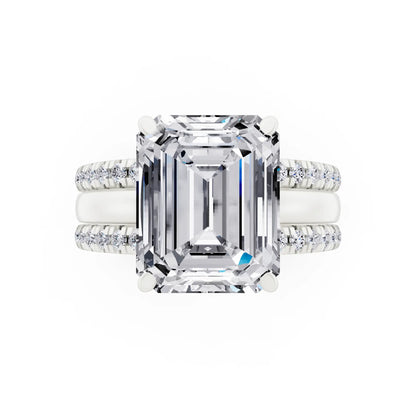 Platinum Emerald Cut Diamond Solitaire Twin Pave Band Stack Ring - top angle