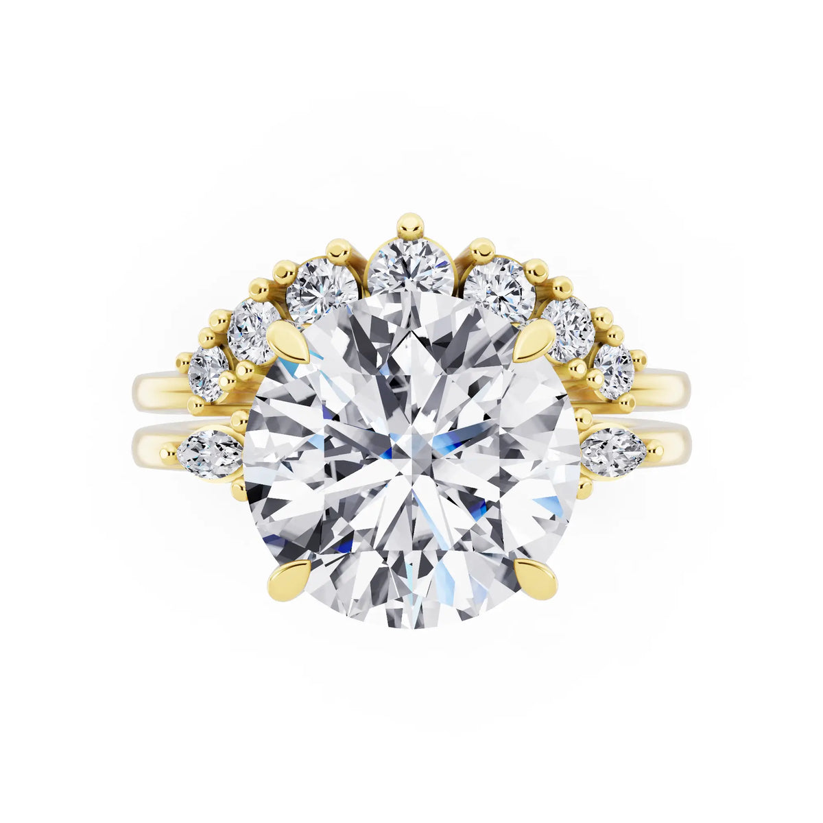 18 KT Yellow Gold Round Cut Diamond Ring with Curved Cluster Band - top angle