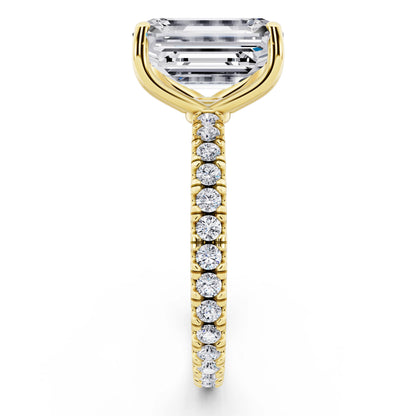 14 KT Yellow Gold Emerald Cut Diamond Solitaire Ring with Pave Eternity Band - side view
