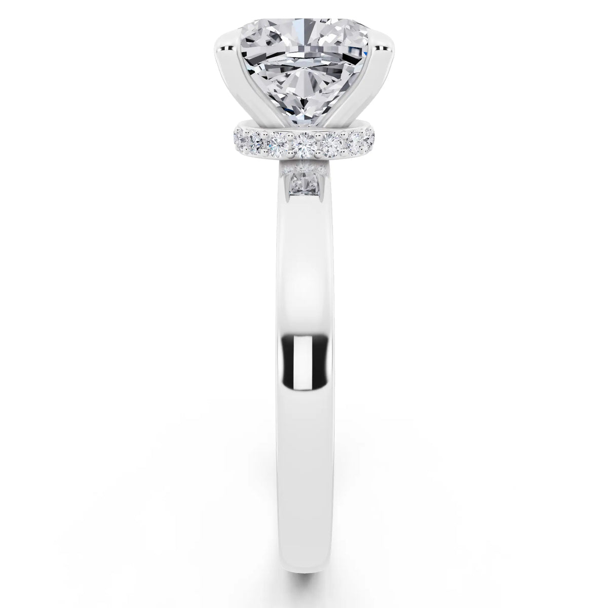 Platinum Cushion Cut Diamond Solitaire Ring with Pave Collar - side view