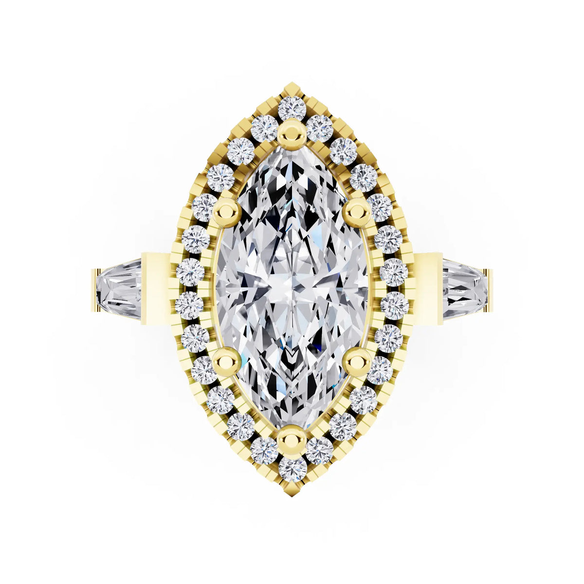 18 KT Yellow Gold Marquise Cut Diamond Halo Ring with Baguette Accents - top angle