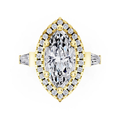 18 KT Yellow Gold Marquise Cut Diamond Halo Ring with Baguette Accents - top angle