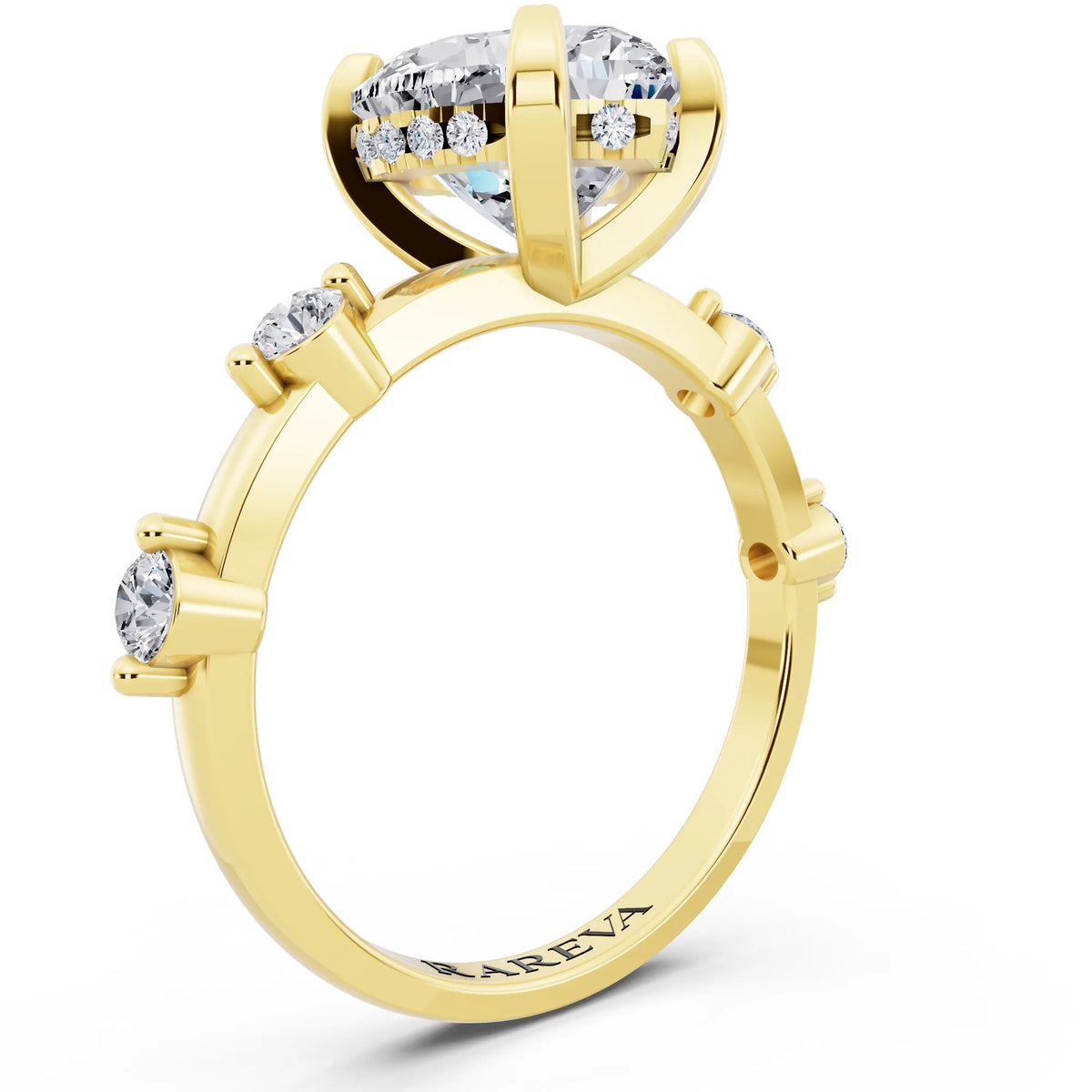 14 KT Yellow Gold Heart Cut Diamond Solitaire Ring with Floating Diamond Accents - top view