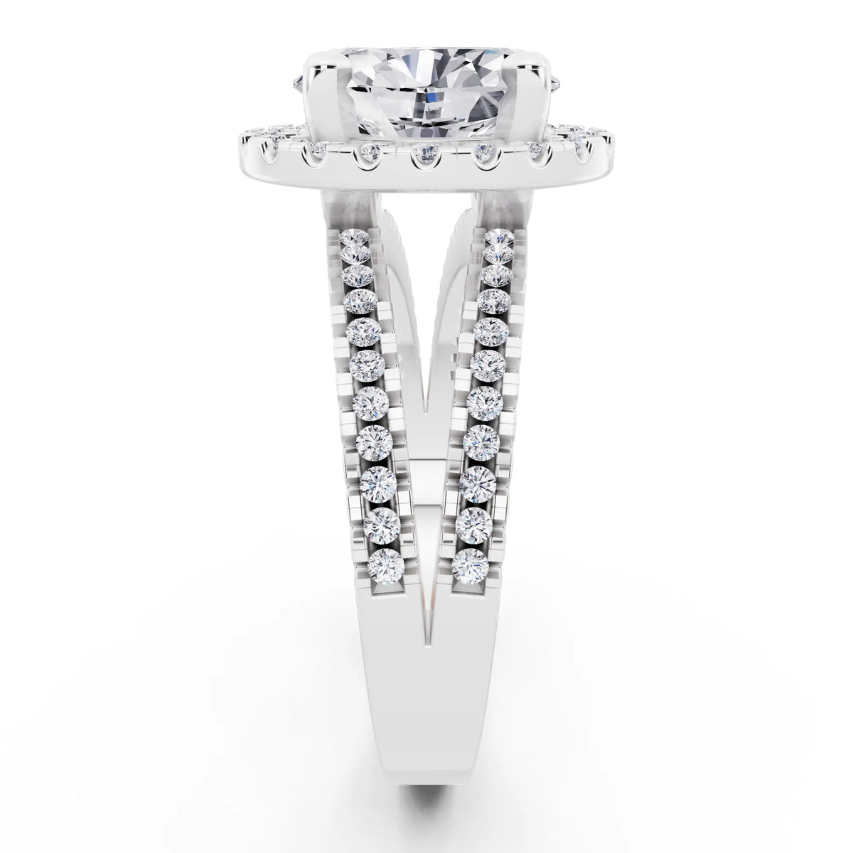 Platinum Oval Cut Diamond Halo Ring with Pave Split Shank - side view