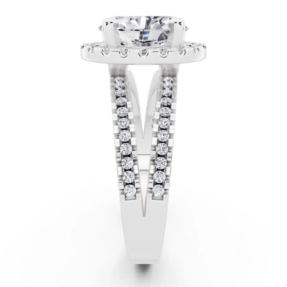 Platinum Oval Cut Diamond Halo Ring with Pave Split Shank - side view