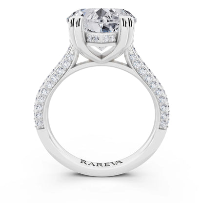 Platinum Heart Cut Diamond Hidden Halo Double Claw Pave Band Ring - through finger