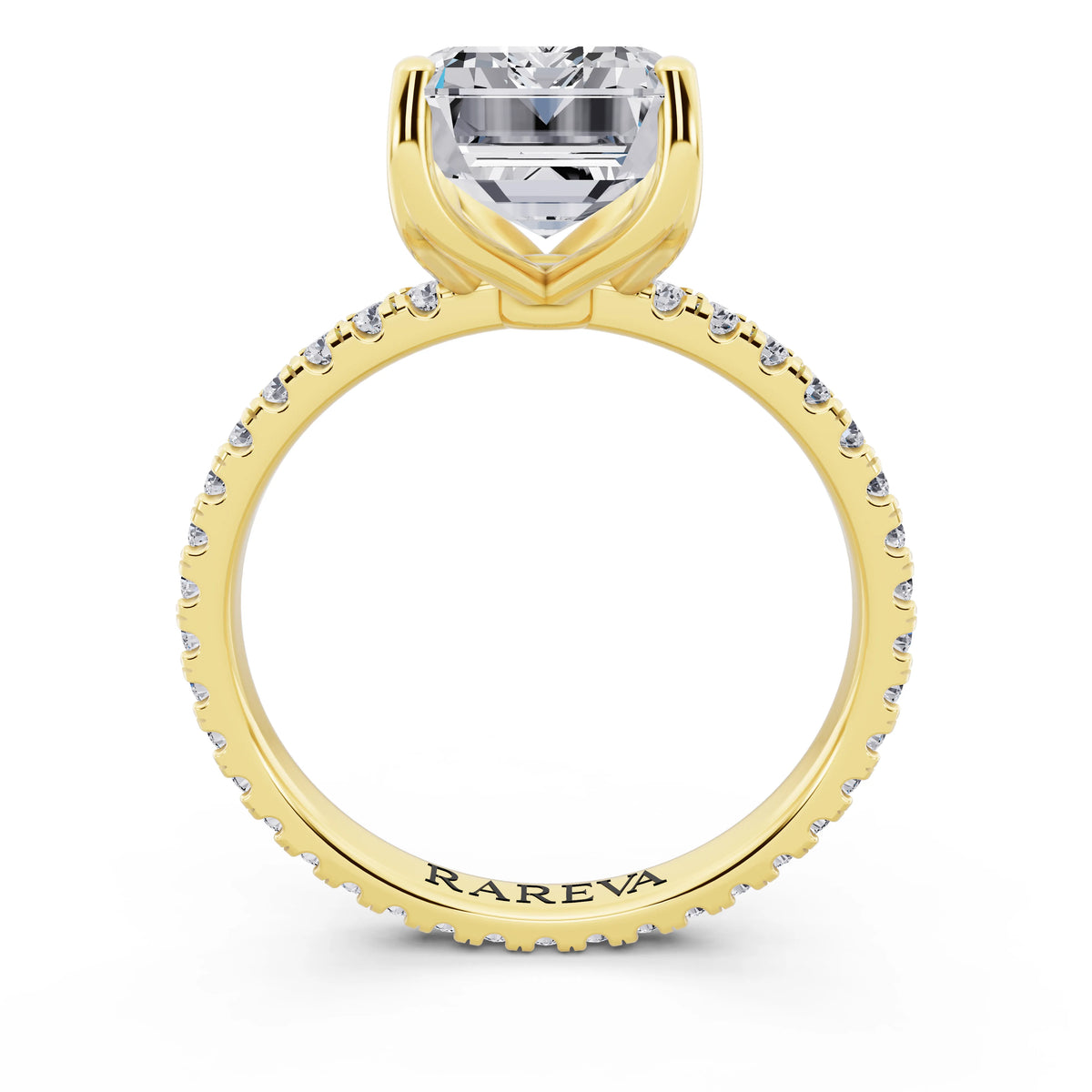 14 KT Yellow Gold Emerald Cut Diamond Solitaire Ring with Pave Eternity Band - through finger