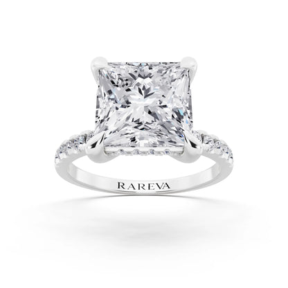 Platinum Princess Cut Diamond Solitaire Ring with Round Pavé Band and Prong Setting - front view