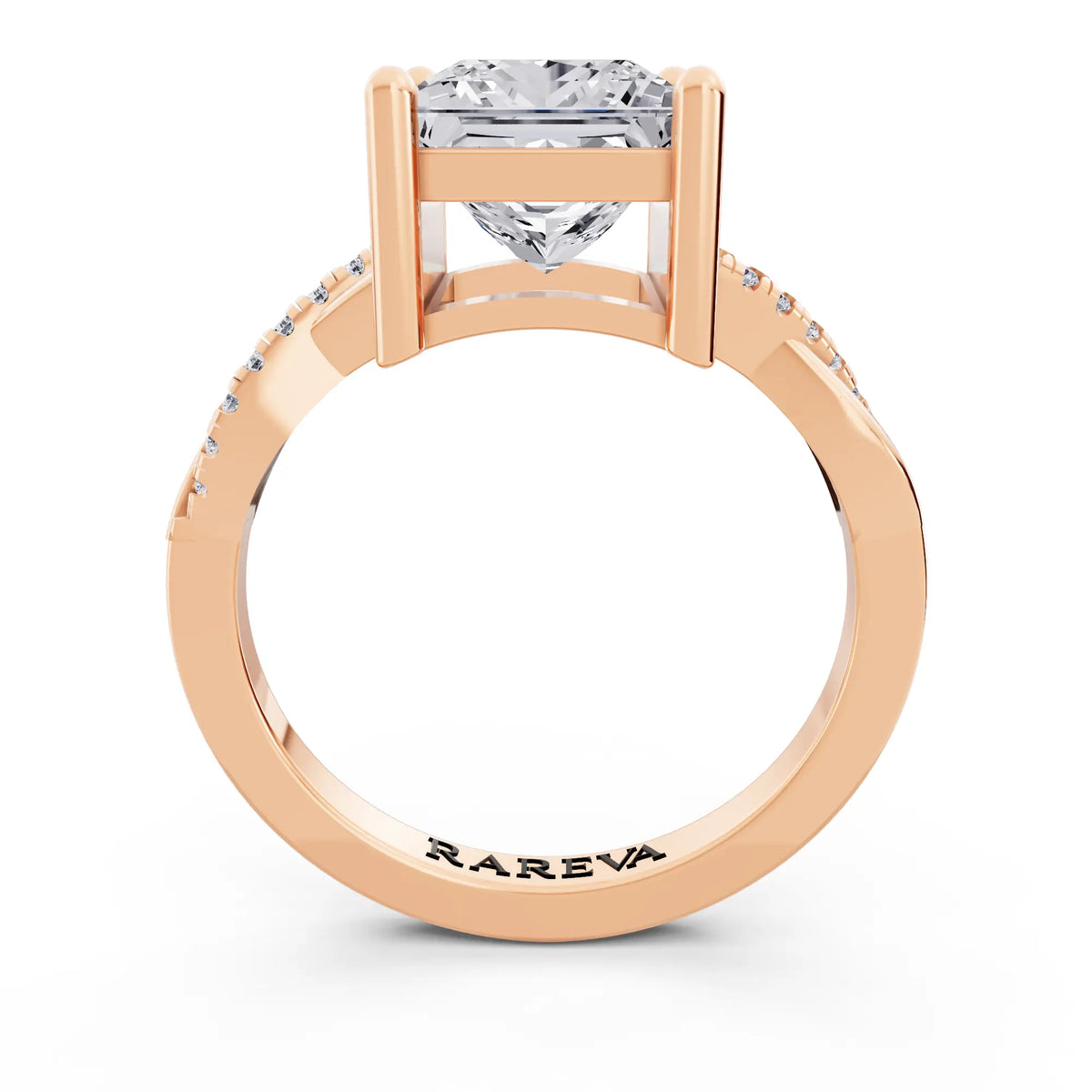 14 KT Rose Gold Princess Cut Diamond Solitaire Ring with Twisted Pave Band - Through