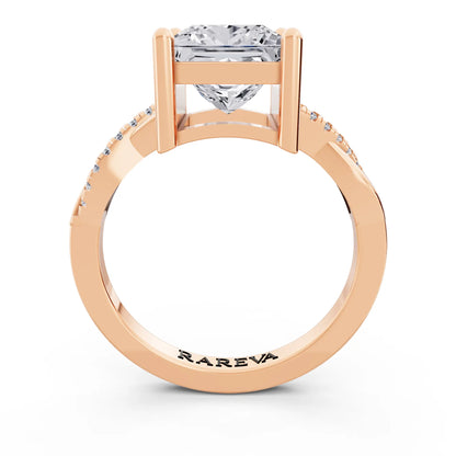 14 KT Rose Gold Princess Cut Diamond Solitaire Ring with Twisted Pave Band - Through