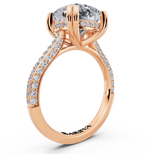 14 KT Rose Gold Cushion Cut Diamond Hidden Halo Double Claw Pave Band Ring - top view