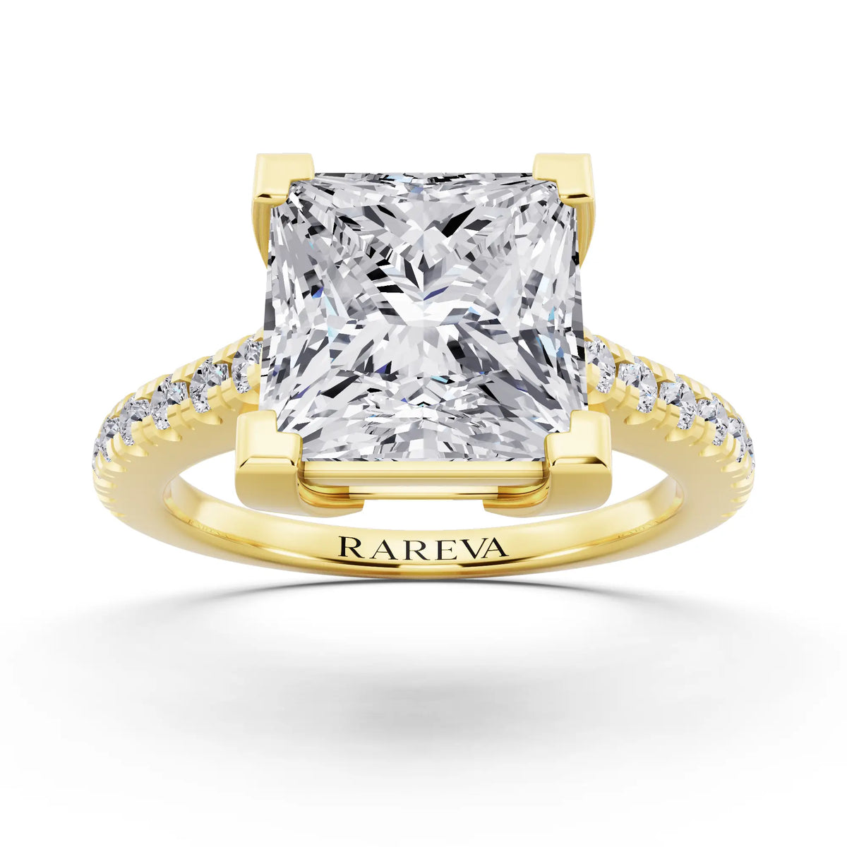 18 KT Yellow Gold Princess Cut Diamond Claw Prong Solitaire Ring with French Pave Band - front view