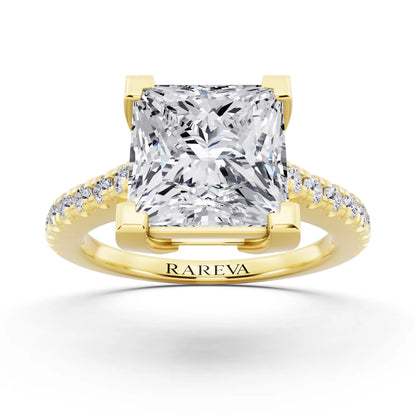 18 KT Yellow Gold Princess Cut Diamond Claw Prong Solitaire Ring with French Pave Band - front view