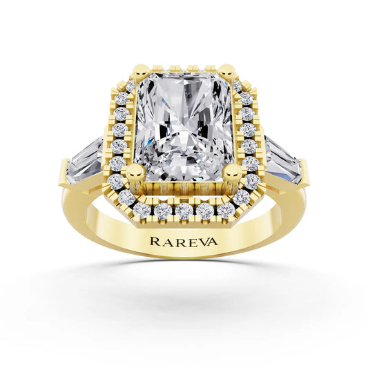 14 KT Yellow Gold Radiant Cut Diamond Halo Ring with Baguette Accents - front view