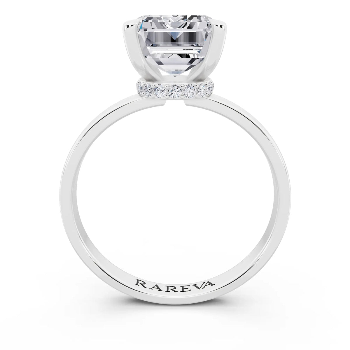 Platinum Emerald Cut Diamond Solitaire Ring with Pave Collar - through finger