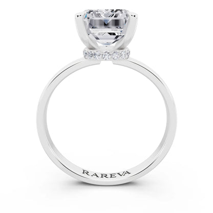 Platinum Emerald Cut Diamond Solitaire Ring with Pave Collar - through finger