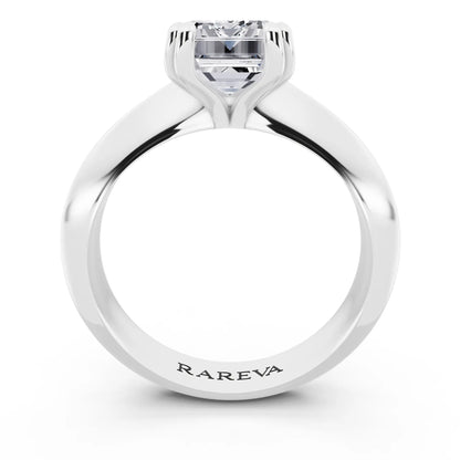 Platinum Emerald Cut Diamond Solitaire Ring with Knife Edge Band - through finger