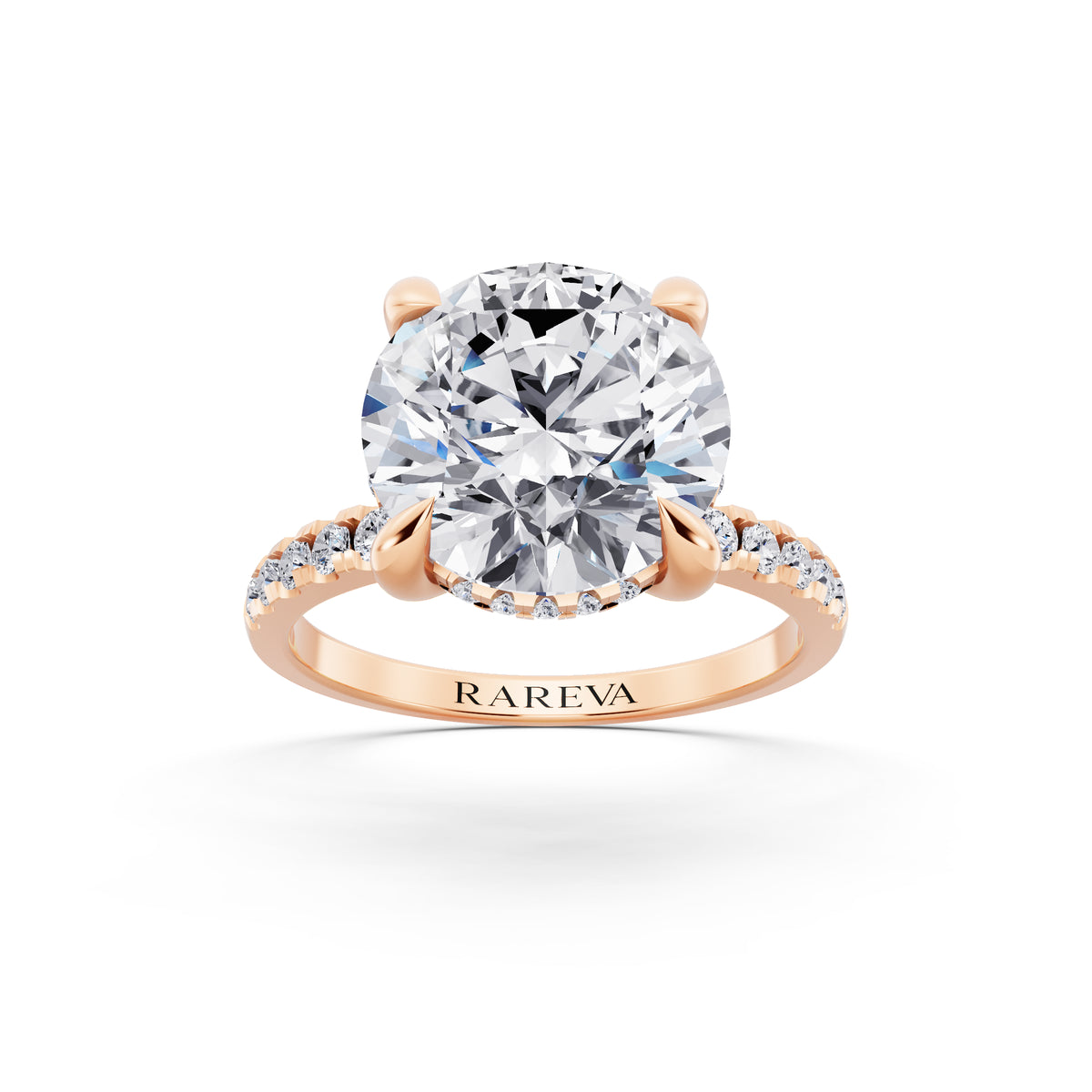 14 KT Rose Gold Round Cut Diamond Solitaire Ring with Round Pavé Band and Prong Setting - front view