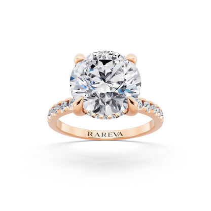 14 KT Rose Gold Round Cut Diamond Solitaire Ring with Round Pavé Band and Prong Setting - front view