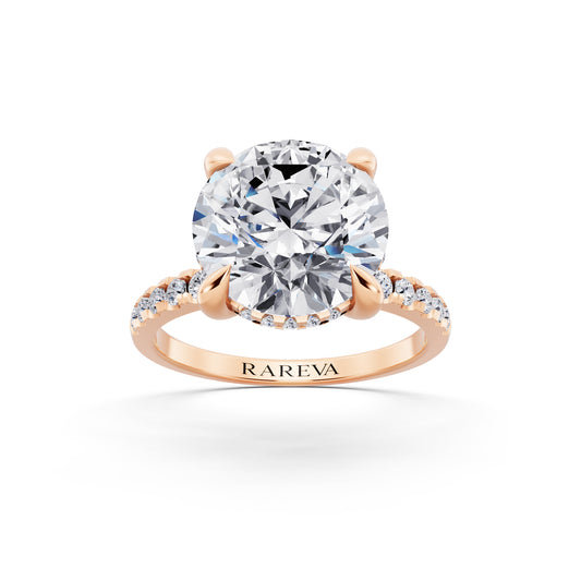 14 KT Rose Gold Round Cut Diamond Solitaire Ring with Round Pavé Band and Prong Setting - front view