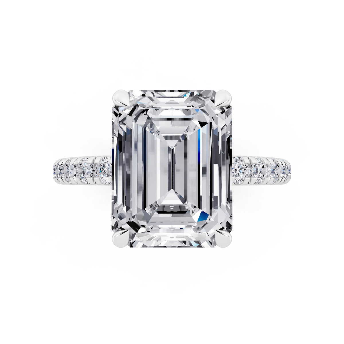 18 KT White Gold Emerald Cut Diamond Solitaire Ring with Hidden Halo and French Pave Band - top angle