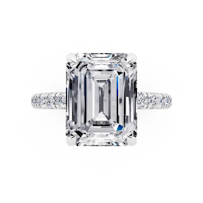 18 KT White Gold Emerald Cut Diamond Solitaire Ring with Hidden Halo and French Pave Band - top angle