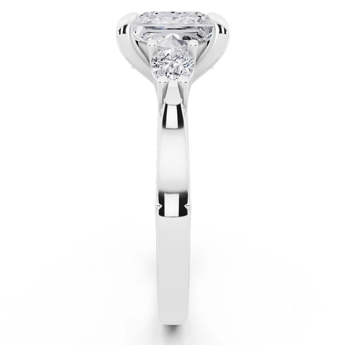 14 KT White Gold Princess Cut Diamond Three Stone Pear Accent Vintage Pave Ring - side view