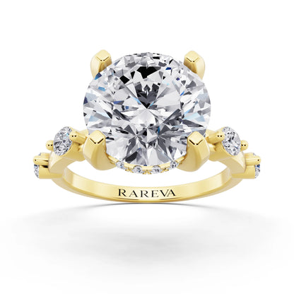 14 KT Yellow Gold Round Cut Diamond Solitaire Ring with Floating Diamond Accents - front view