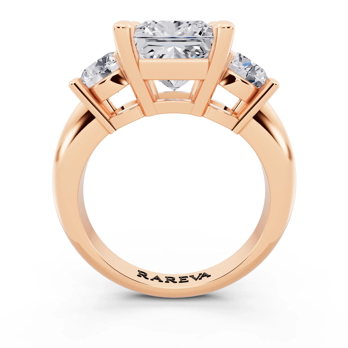 14 KT Rose Gold Princess Cut Diamond Three Stone Ring with Round Accents - through finger