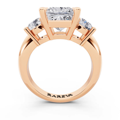 14 KT Rose Gold Princess Cut Diamond Three Stone Ring with Round Accents - through finger