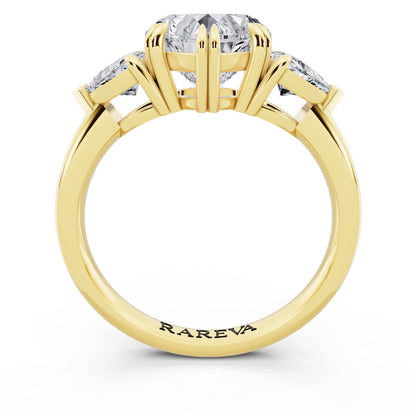 14 KT Yellow Gold Heart Cut Diamond Three Stone Ring with Trillion Accents - through finger