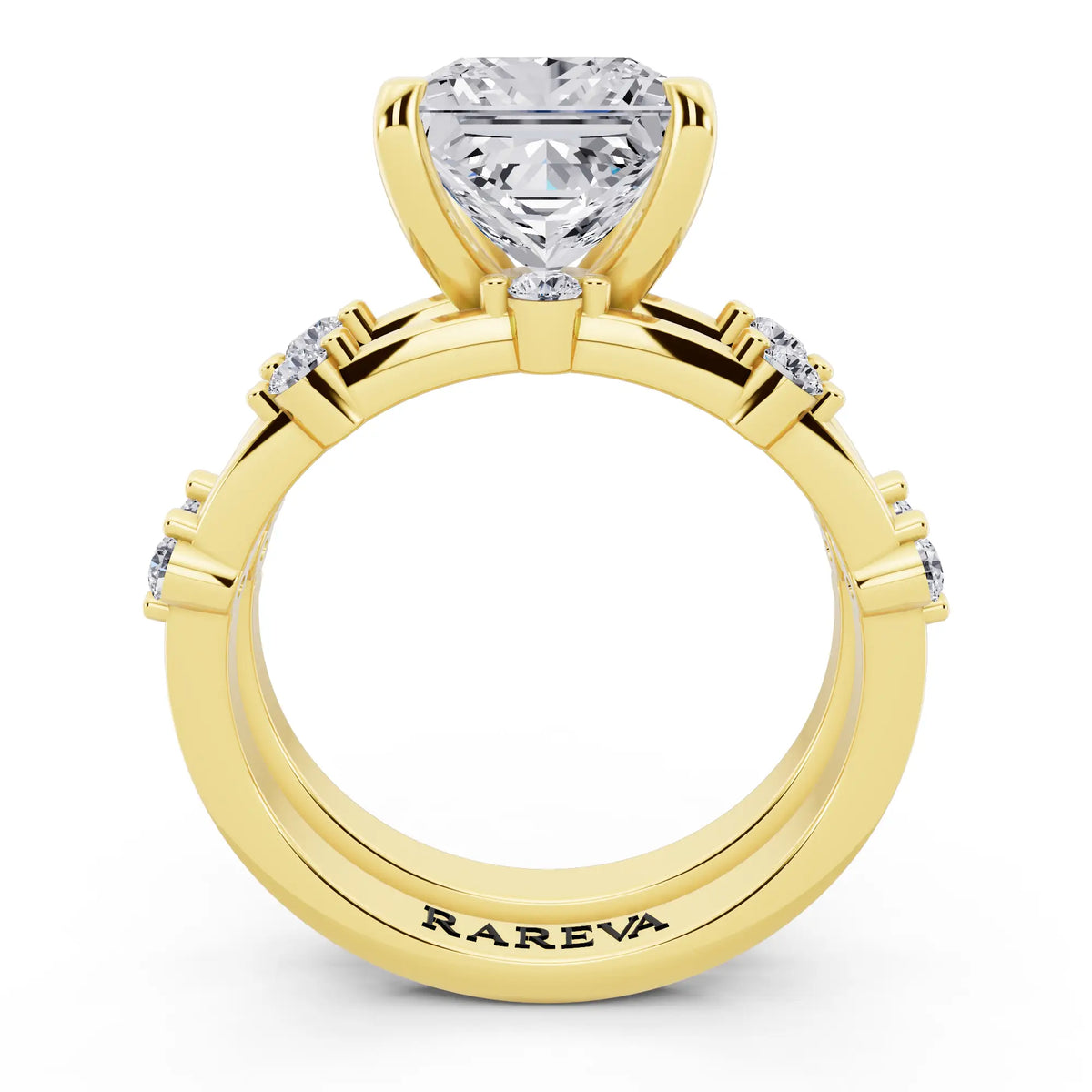 14 KT Yellow Gold Princess Cut Diamond Ring with Floating Accent Band - through finger