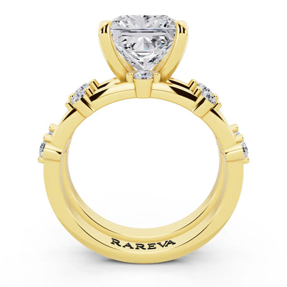 14 KT Yellow Gold Princess Cut Diamond Ring with Floating Accent Band - through finger