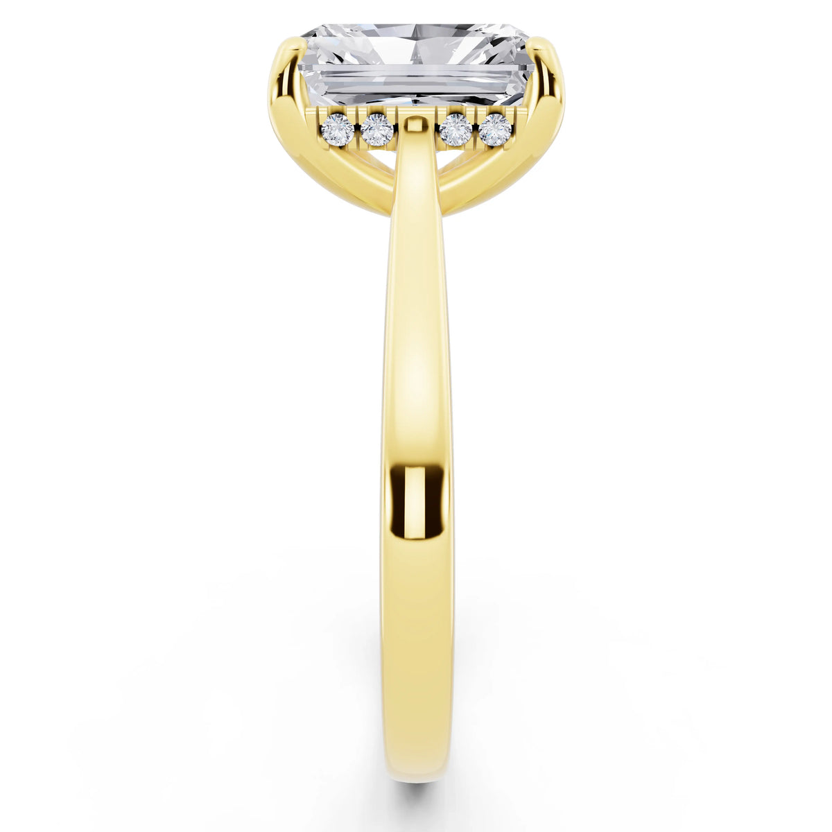 18 KT Yellow Gold Radiant Cut Diamond Solitaire Ring with Cathedral Band - side view