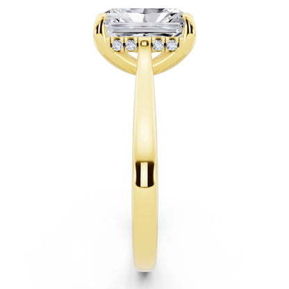 18 KT Yellow Gold Radiant Cut Diamond Solitaire Ring with Cathedral Band - side view