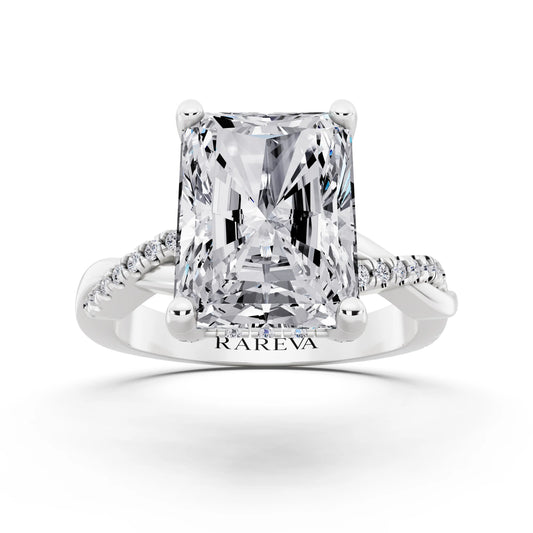 Platinum Radiant Cut Diamond Hidden Halo Ring with Twisted Pave Band - front view