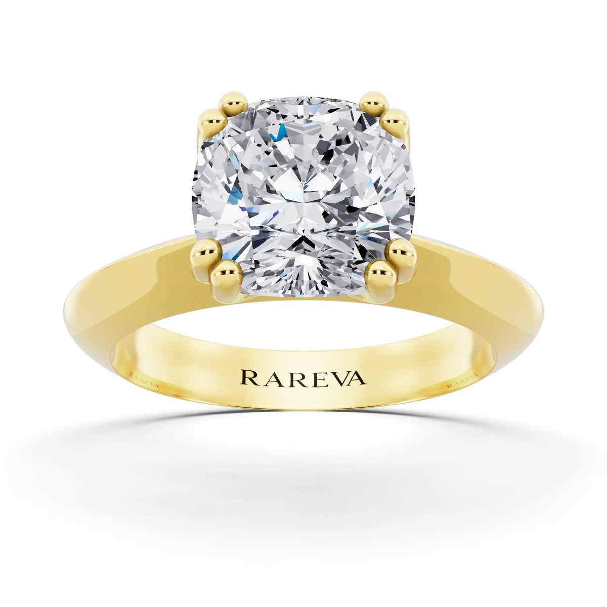 14 KT Yellow Gold Cushion Cut Diamond Solitaire Ring with Knife Edge Band - front view