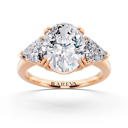 14 KT Rose Gold Oval Cut Diamond Three Stone Ring with Trillion Accents - front view