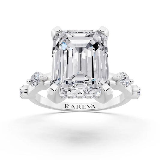 18 KT White Gold Emerald Cut Diamond Solitaire Ring with Floating Diamond Accents - front view