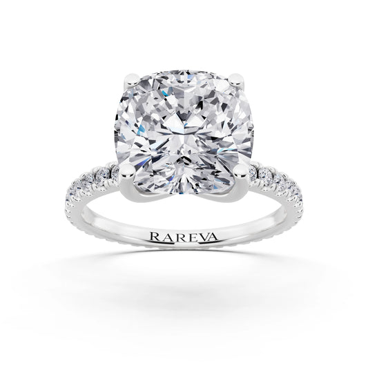 18 KT White Gold Cushion Cut Diamond Solitaire Ring with Pave Eternity Band - front view