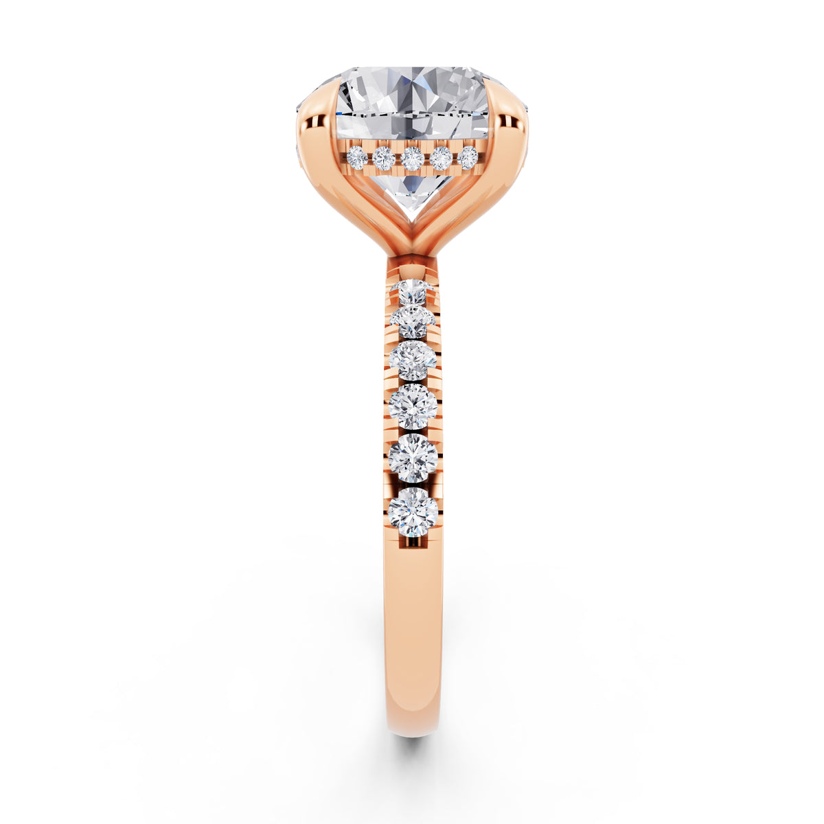 14 KT Rose Gold Round Cut Diamond Solitaire Ring with Round Pavé Band and Prong Setting - side view