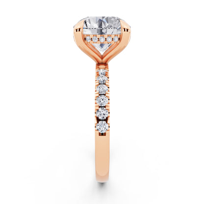 14 KT Rose Gold Round Cut Diamond Solitaire Ring with Round Pavé Band and Prong Setting - side view