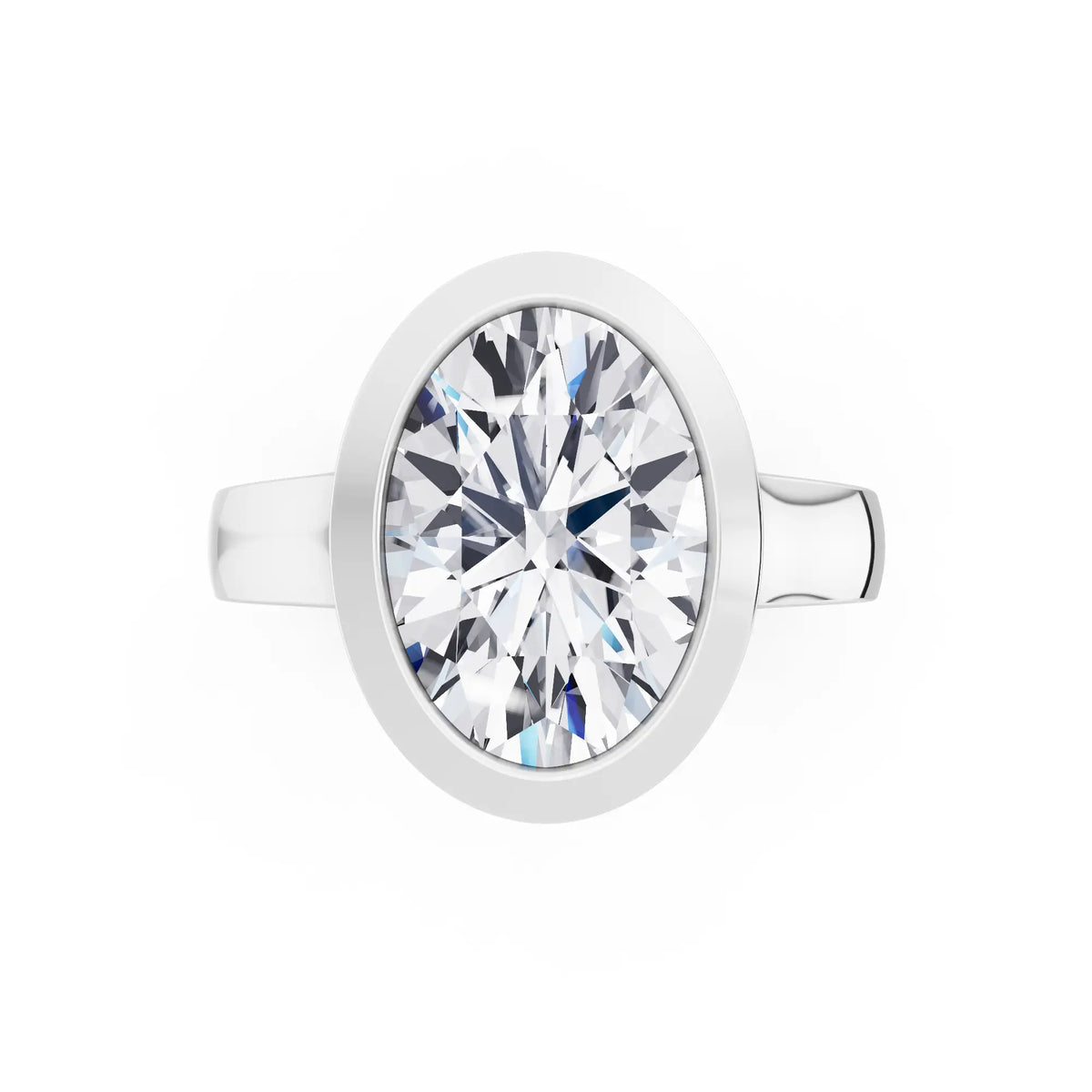 Platinum Oval Cut Diamond Bezel Set Solitaire Ring - top angle
