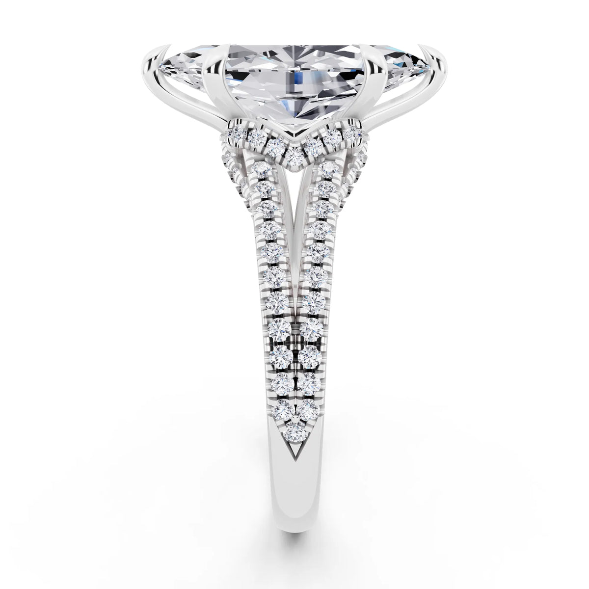 14 KT White Gold Marquise Cut Diamond Ring with Pavé Split Shank - side view