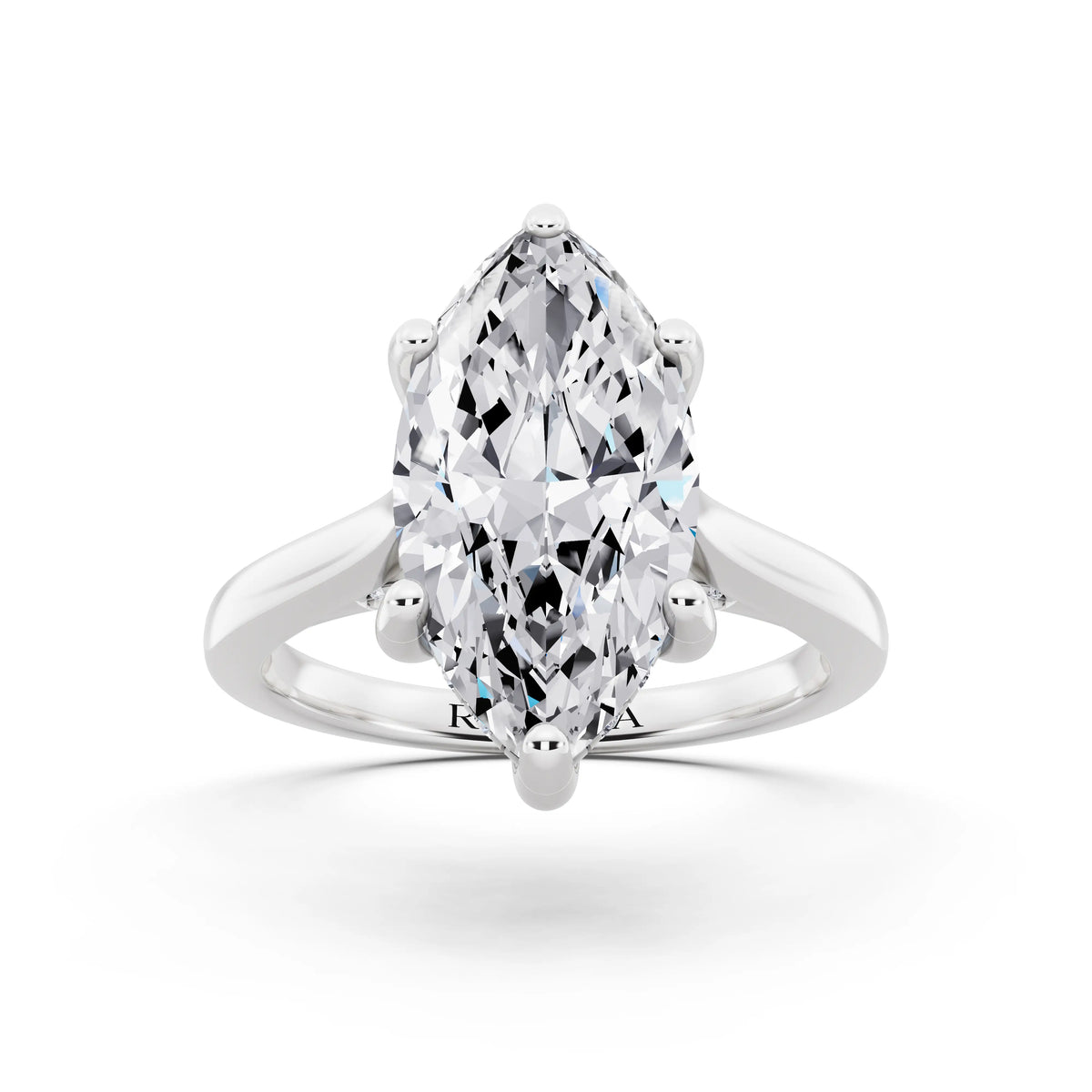 18 KT White Gold Marquise Cut Diamond Solitaire Ring with Cathedral Band - front view