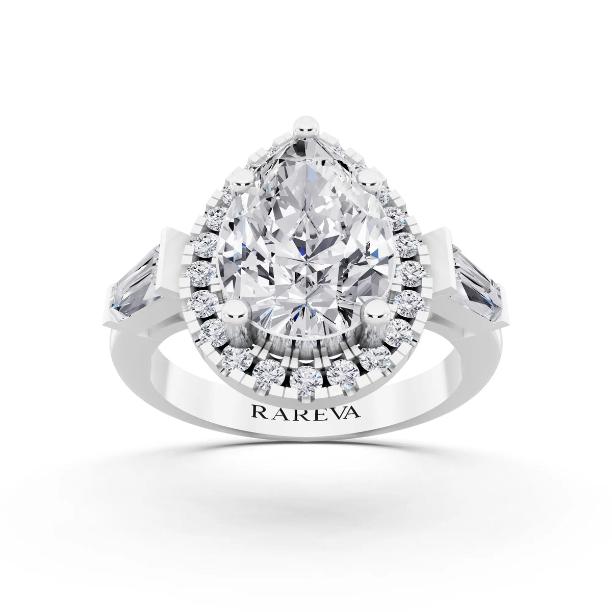 18 KT White Gold Pear Cut Diamond Halo Ring with Baguette Accents - front view