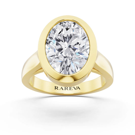18 KT Yellow Gold Oval Cut Diamond Bezel Set Solitaire Ring - front view