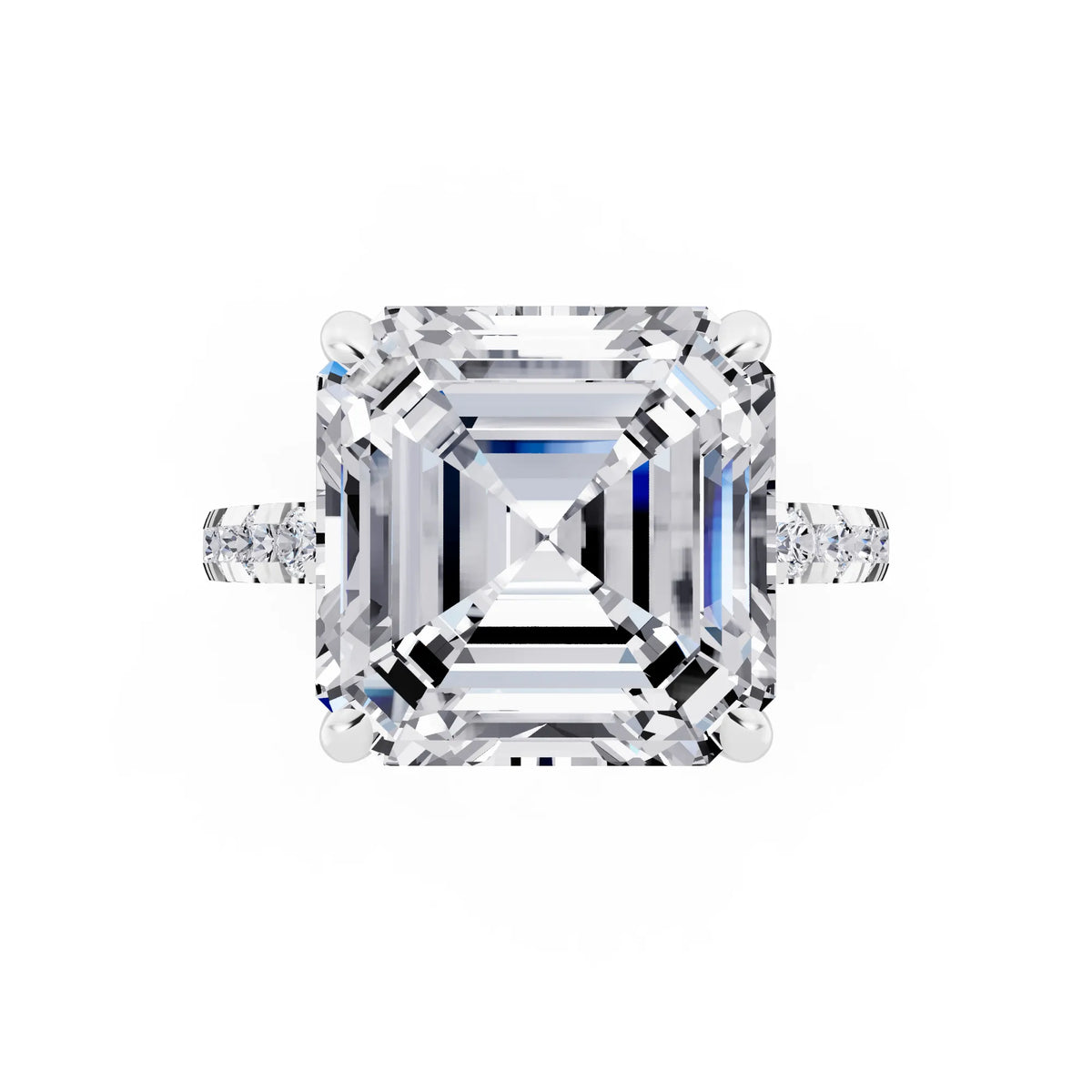 Platinum Asscher Cut Diamond Hidden Halo Tiger Prong Pave Band Ring - top angle