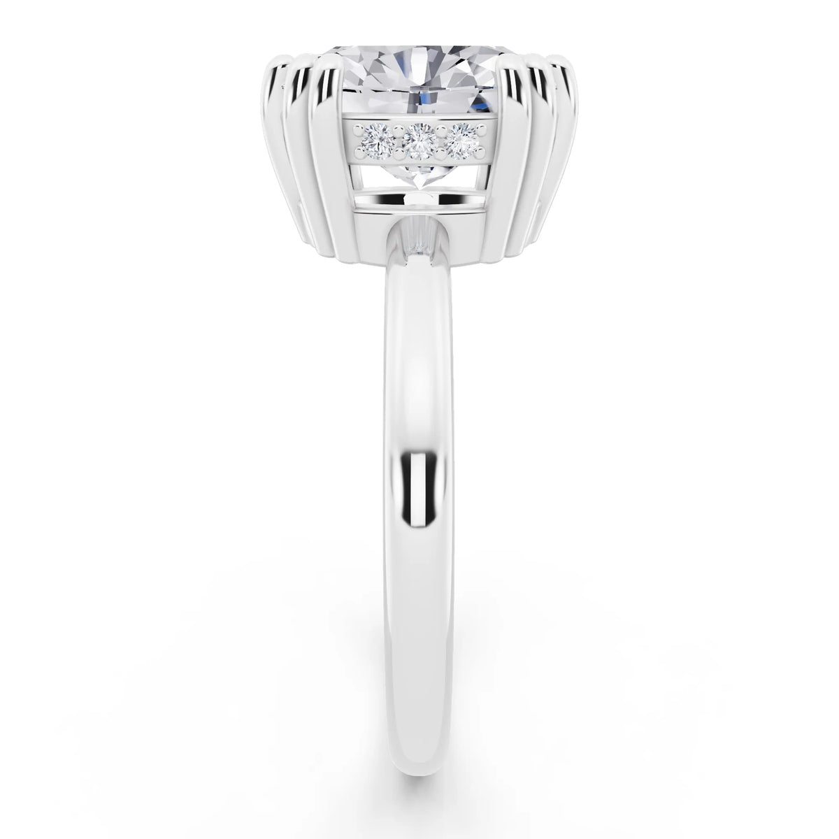 14 KT White Gold Oval Cut Diamond Solitaire Ring with Hidden Accent Basket - side view