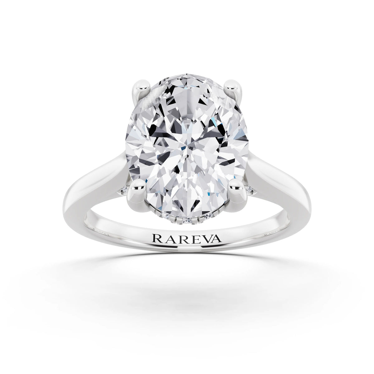 18 KT White Gold Oval Cut Diamond Solitaire Ring with Cathedral Band - front view